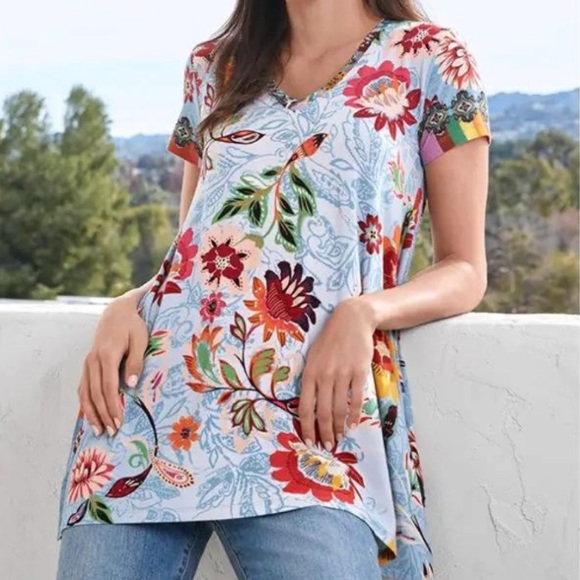 Johnny Was Tops - Johnny Was Rainbow Floral colorful Drape Tunic. Size Medium